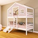 Ver imagem 1 de Beliche Casinha Dos Sonhos com Escada/ Escorregador Madeira Maciça Rosa/ Branco Housin