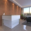 Ver imagem 6 de Mesa Balcao Atendimento Recepcao Tampo Tamburato 148x148 cm Carvalho Branco Artany