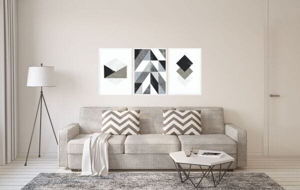 Quadros Decorativos Abstratos Triangulos Geometricos Preto Branco e Cinza - Branco - 40 x 60 - 1