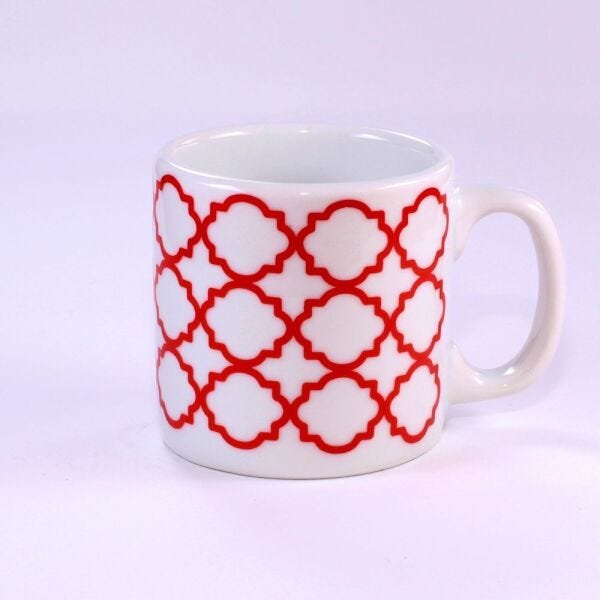 Conjunto 4 Xicaras Estampa Marroquina Branco e Vermelho 120ml com suporte em Madeira - 2