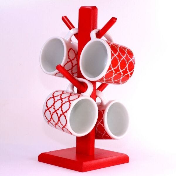 Conjunto 4 Xicaras Estampa Marroquina Branco e Vermelho 120ml com suporte em Madeira - 1