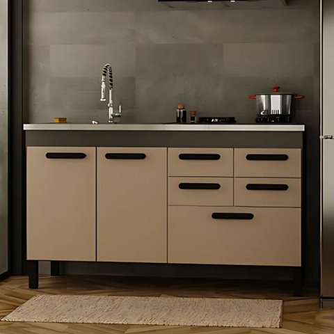Gabinete de Cozinha 5 Gavetas e 2 Portas Balcão Pia 100% MDF:Grafite/Off White