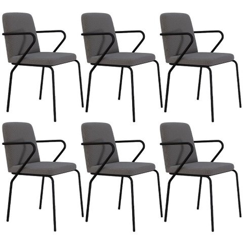 Kit 06 Cadeiras Estofada para Sala de Jantar com Braço Loft Preto C01 Linho Fendi Cinza - Lyam Decor