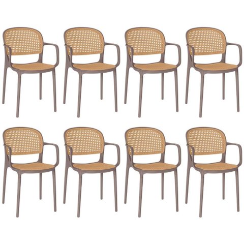 Kit 8 Cadeiras de Jantar Roma Prática com Braços para Sala e Cozinha - Marrom Claro