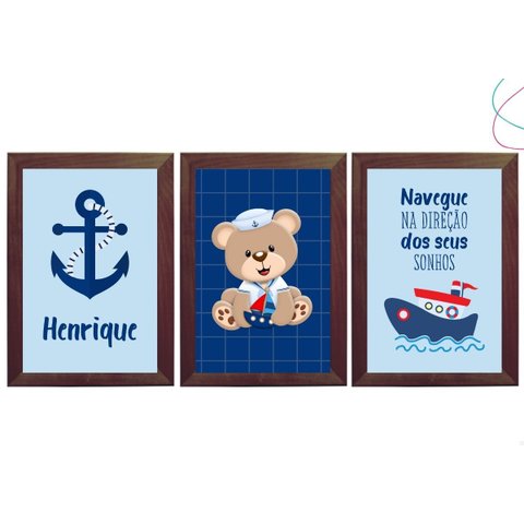 Kit 3 Quadros Decorativos Infantil Ursinho Marinheiro:tabaco
