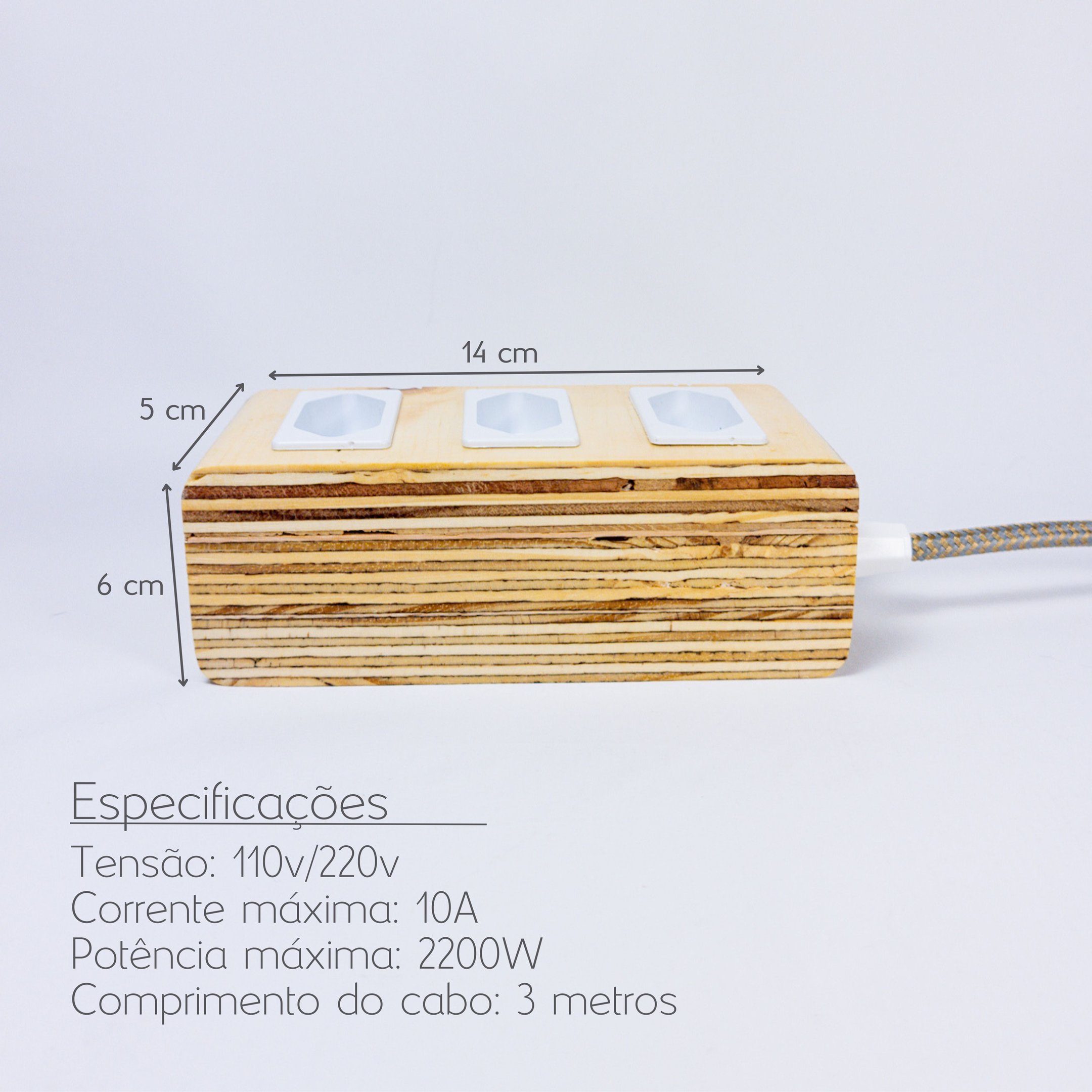 Extensão Madeira Régua Elétrica 3 Tomadas Branca - 4