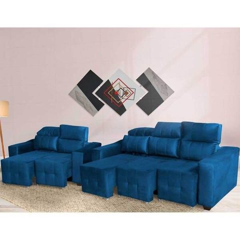 Sofá Alfa 2 e 3 Lugares Retrátil e Reclinável Azul - Ws