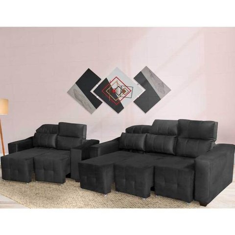 Conjunto Sofá Alfa 2 e 3 Lugares Retrátil e Reclinável Preto - WS Estofados