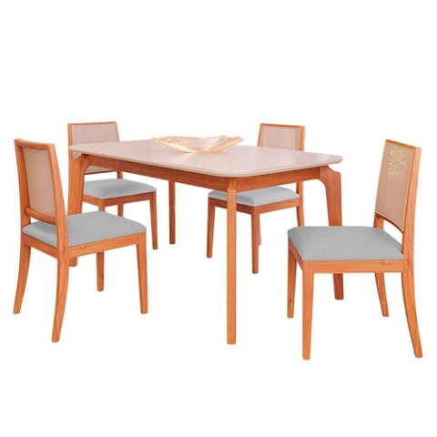 Conjunto Mesa Ficus 1,30 com 4 Cadeiras Buriti Mdf e Conforto Madeira/off White/linho Cinza