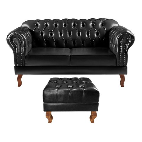 Sofá Chesterfield Dom Pedro 2 Lugares com Puff - Courissimo Preto