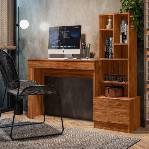 Escrivaninha Office com Estante Biblioteca Lion Cinamomo Mel - Mabe Magazine