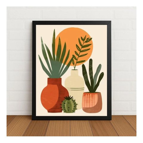 Quadro Arte Abstrata Vasos, Plantas e Sol 33x24cm com Vidro Preto