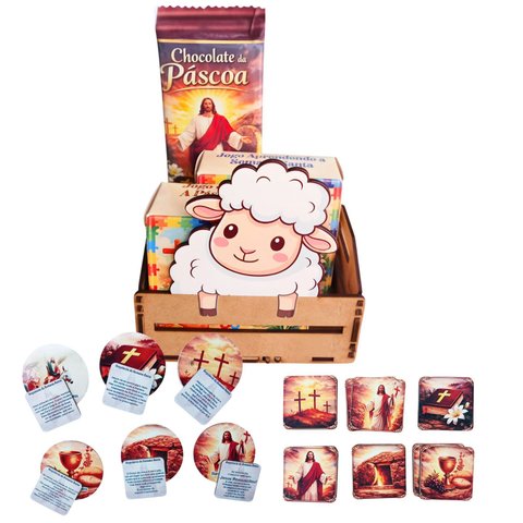Cestinha de Páscoa Cordeiro com Chocolates e Jogos Religiosos Inclusos