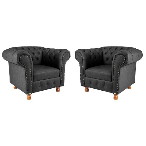 Kit 2 Poltronas Chesterfield Luis XV Capitonê Couro Eco Preto / Barbearia, TV, Sala, decoração