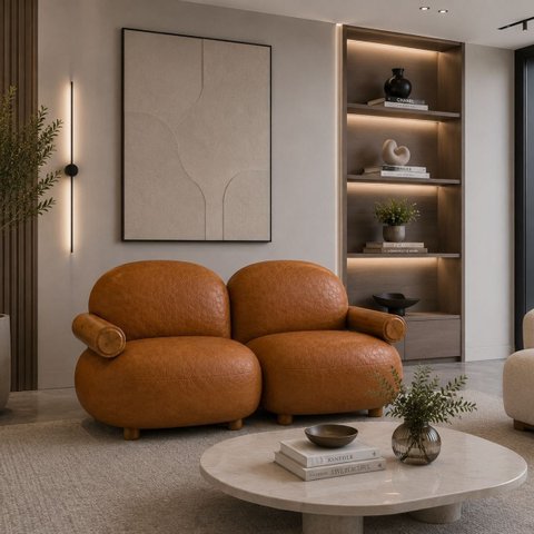 Sofá Leaf 180 cm 2 Lugares Orgânico Luxo Sala de Estar: Courino Sintético Marrom
