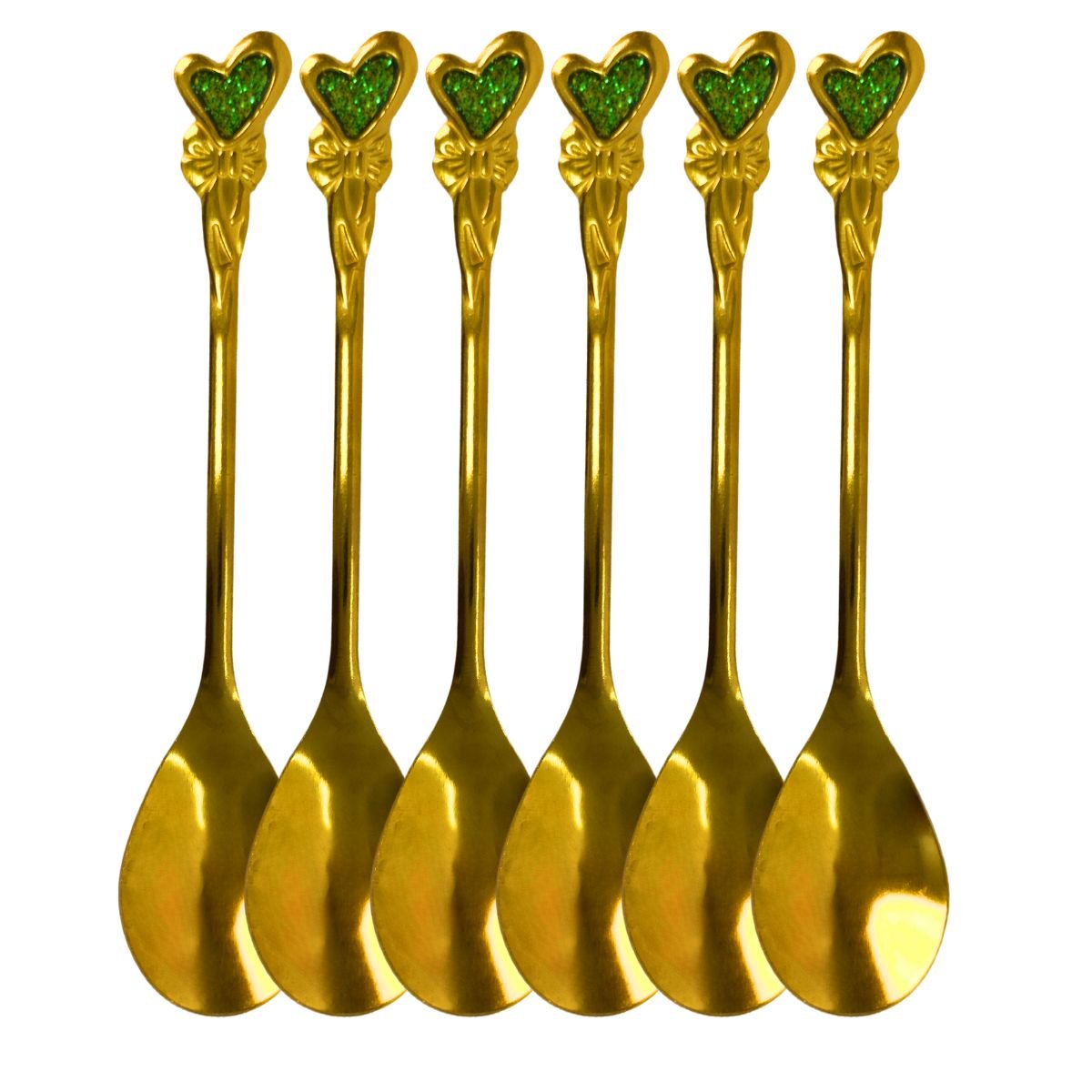 Jogo 6 Un Colher Sobremesa Luxo Design Moderno Dourado Gold 4215 Verde