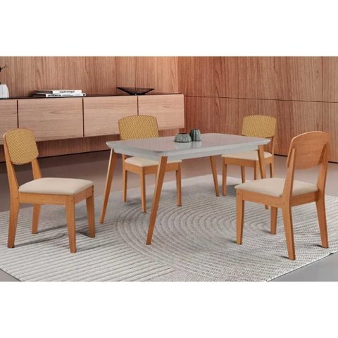 Sala de Jantar Completa Havana C/ Tampo Madeirado C/ Vidro Canto Curvo 120x80cm e 4 Cadeiras Havana