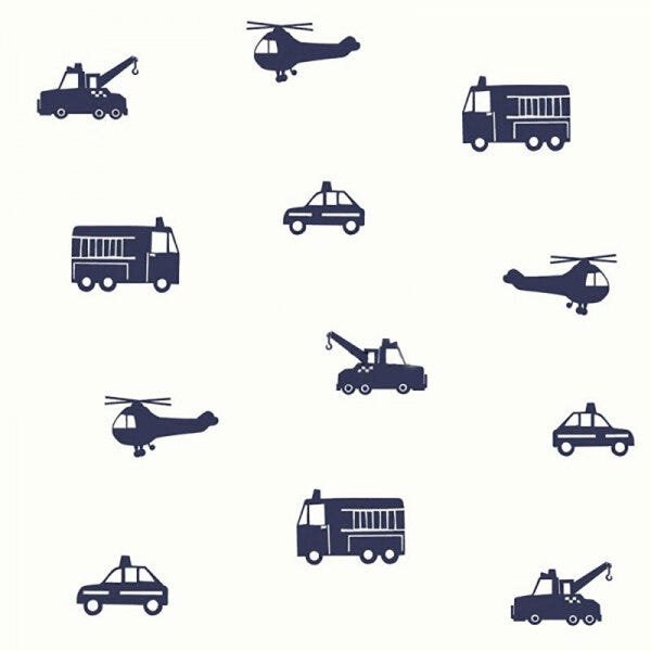 Papel de Parede Carros Branco e Azul Marinho + Cola Para Aplicação - Coleção Little Bandits - 137321 - 2
