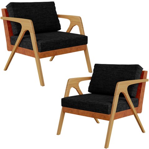 Kit 02 Poltronas Decorativas Sala Estar Pietra L02 Couríssimo Camel Linho Chumbo - Lyam Decor