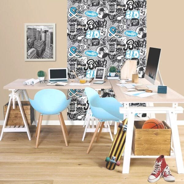 Papel de Parede Grafite Teens + Cola Para Aplicação - Coleção Free Style - FL15811 - 2