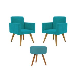 Kit 02 Poltronas Decorativas + Puff Decorativo Redondo Sala Cor:azul Turquesa