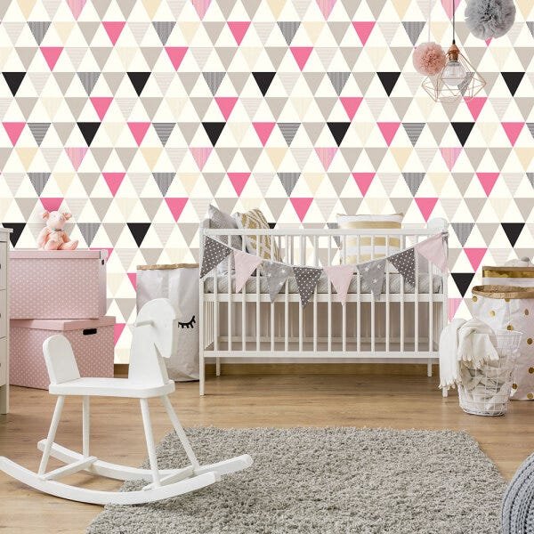 Papel de Parede Triângulos Rosa e Cinza Vinilico Lavável+ Cola para Aplicação - 1
