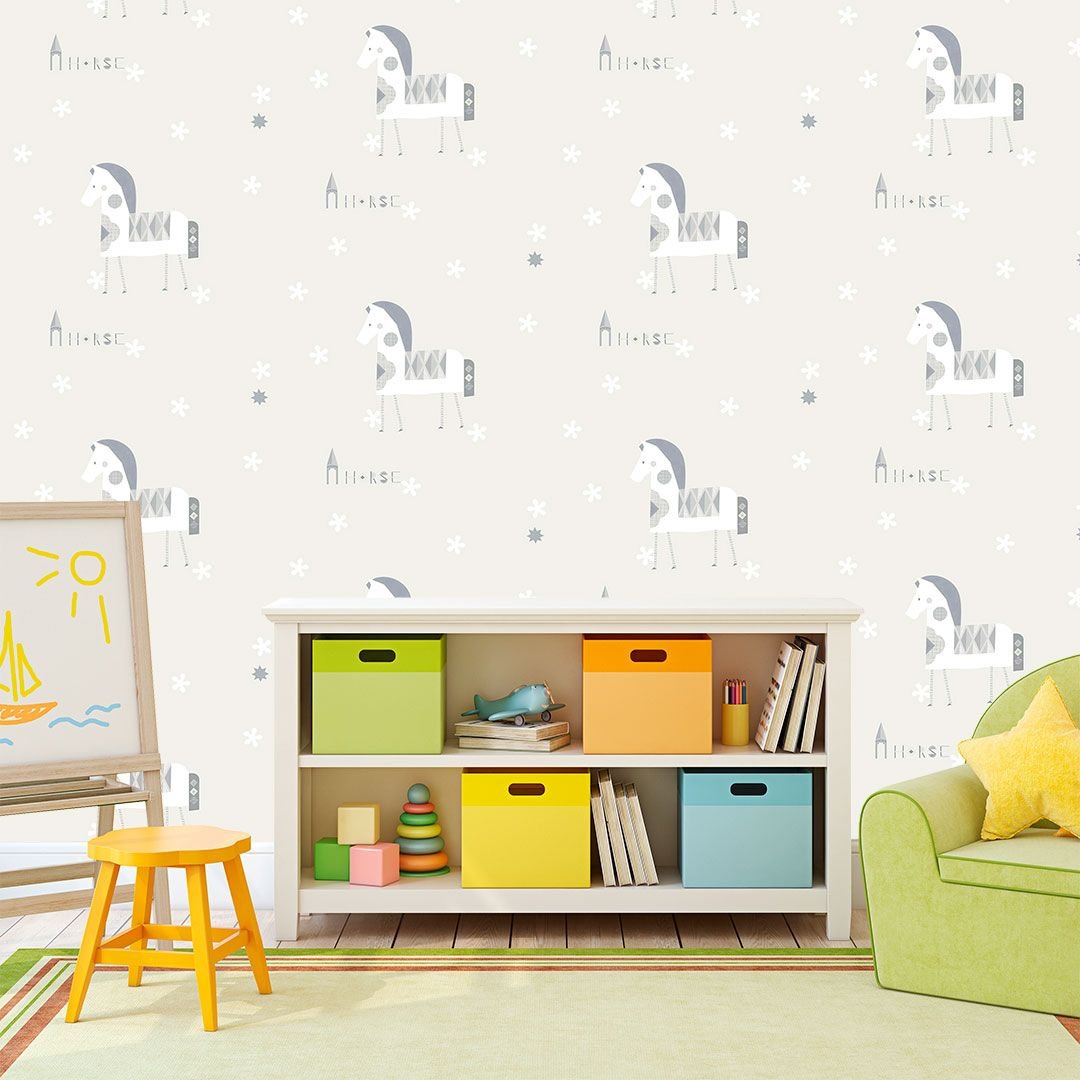 Papel de Parede Infantil Cavalinho Cinza Vinilico Lavável+ Cola - 5
