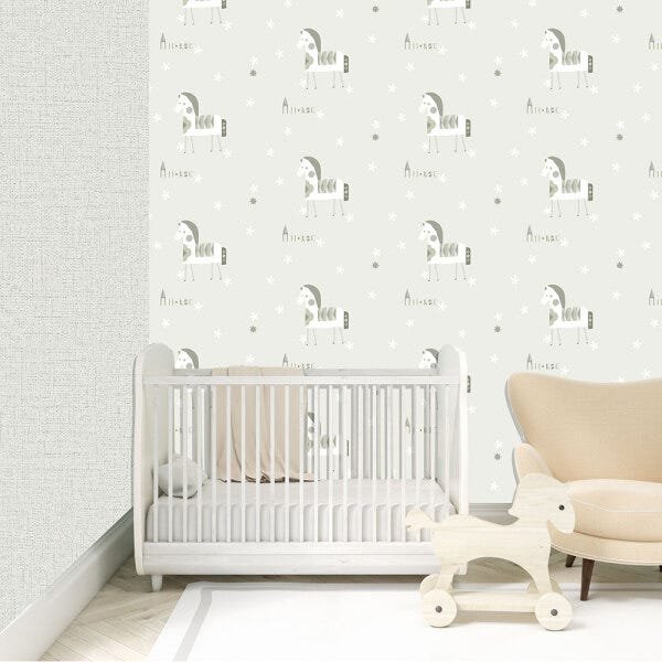 Papel de Parede Infantil Cavalinho Cinza Vinilico Lavável+ Cola - 1