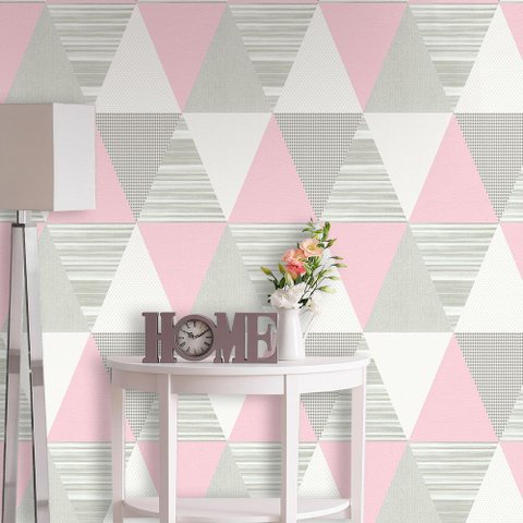 Papel de Parede Estampado Geométrico Rosa Vinilico Lavável+ Cola para Aplicação