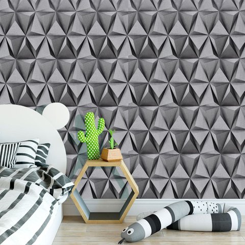 Papel de Parede Efeito 3d Geométrico Cinza+ Cola para Aplicação