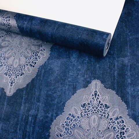 Papel de Parede Mandalas Efeito Manchado Azul e Prata Vinilico Lavável+ Cola para Aplicação