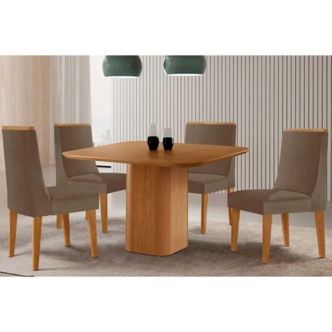 Sala de Jantar Completa Maldivas C/ Tampo Madeirado Canto Curvo 90x90cm e 4 Cadeiras Dakota Naturale
