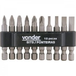 Jogo de bits/ponteiras com 10 peças encaixe sextavado 1/4" Vonder - 1