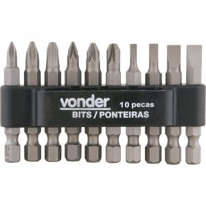 Jogo de bits/ponteiras com 10 peças encaixe sextavado 1/4" Vonder