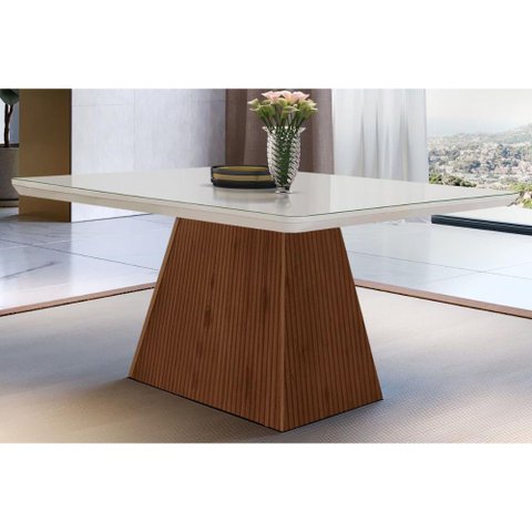 Mesa para Cozinha Luna C/tampo Madeirado Vidro Canto Curvo 120x80cm Off White/imbuia Ripado 3d -