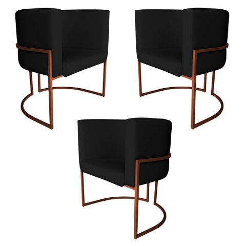 Kit 3 Poltronas Decorativa Luana Base Bronze Pu Preto - Montanaris Decor Md Montanaris Decor