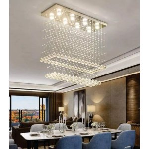 LUSTRE DE CRISTAIS LEGÍTIMOS K9 DE 30MM, PARA SALA DE JANTAR,COM 80CM DE ALT BASE DE INOX 70X20CM