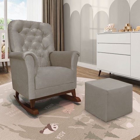 Poltrona de Amamentação Balanço Madeira e Puff Angelin Suede Cinza Escuro P02 - D’Rossi