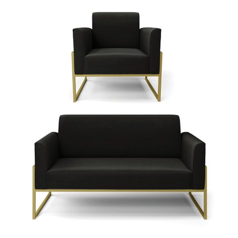 Sofá Namoradeira com Poltrona Base Industrial Alta Dourado Marisa Suede Preto D03 - D’Rossi