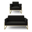 Ver imagem 1 de Sofá Namoradeira com Poltrona Base Industrial Alta Dourado Marisa Suede Preto D03 - D’Rossi