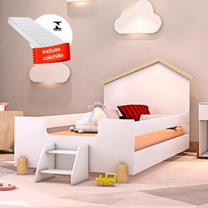 Cama Casinha Infantil Montessoriana Solteiro com Escadinha e Colchão Branco Ayla Divaloto