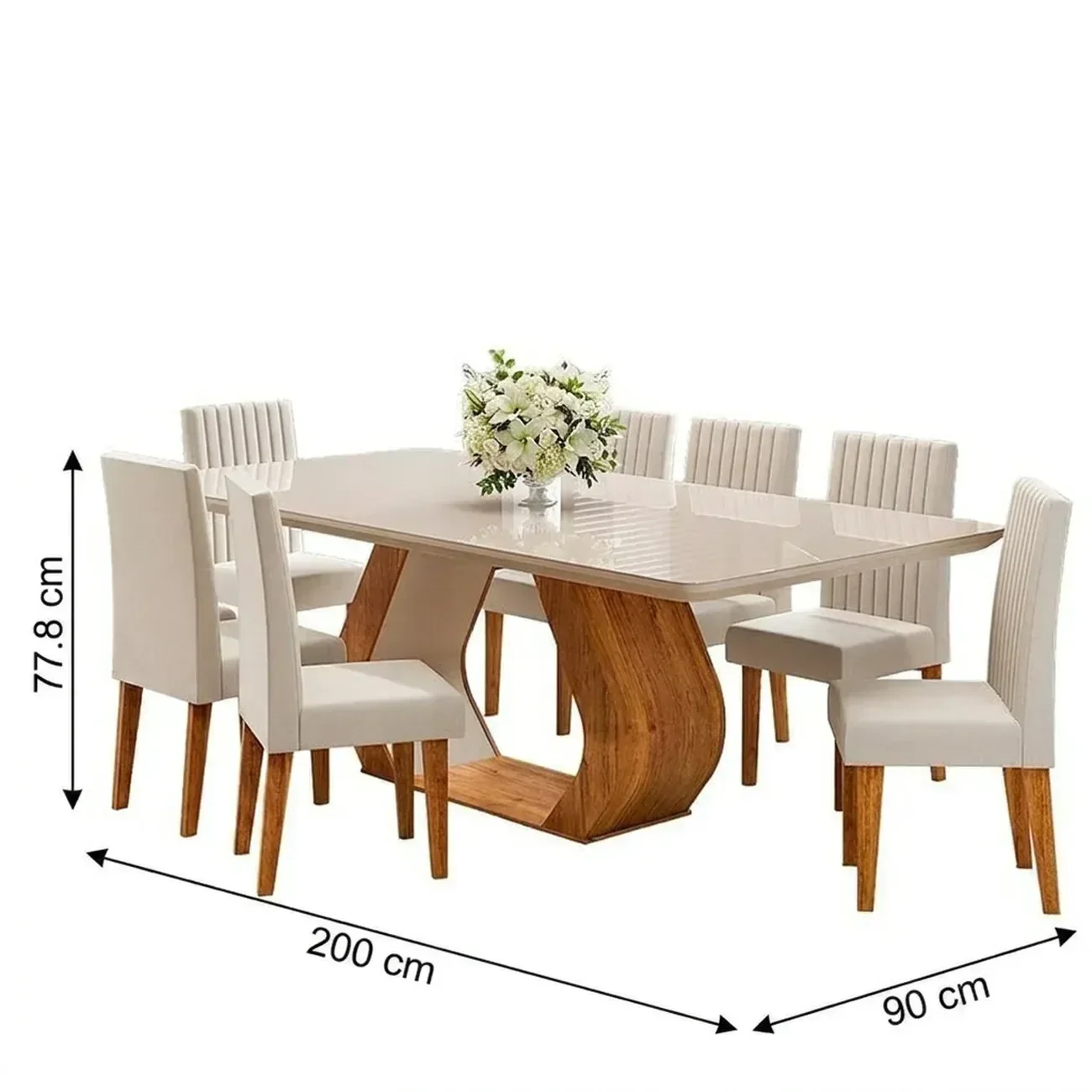 Ver imagem 3 de Conjunto de Sala de Jantar 8 Lugares Retangular Tampo em Vidro e MDF Renova Yescasa Bege/Mel/Off White