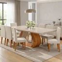 Ver imagem 1 de Conjunto de Sala de Jantar 8 Lugares Retangular Tampo em Vidro e MDF Renova Yescasa Bege/Mel/Off White