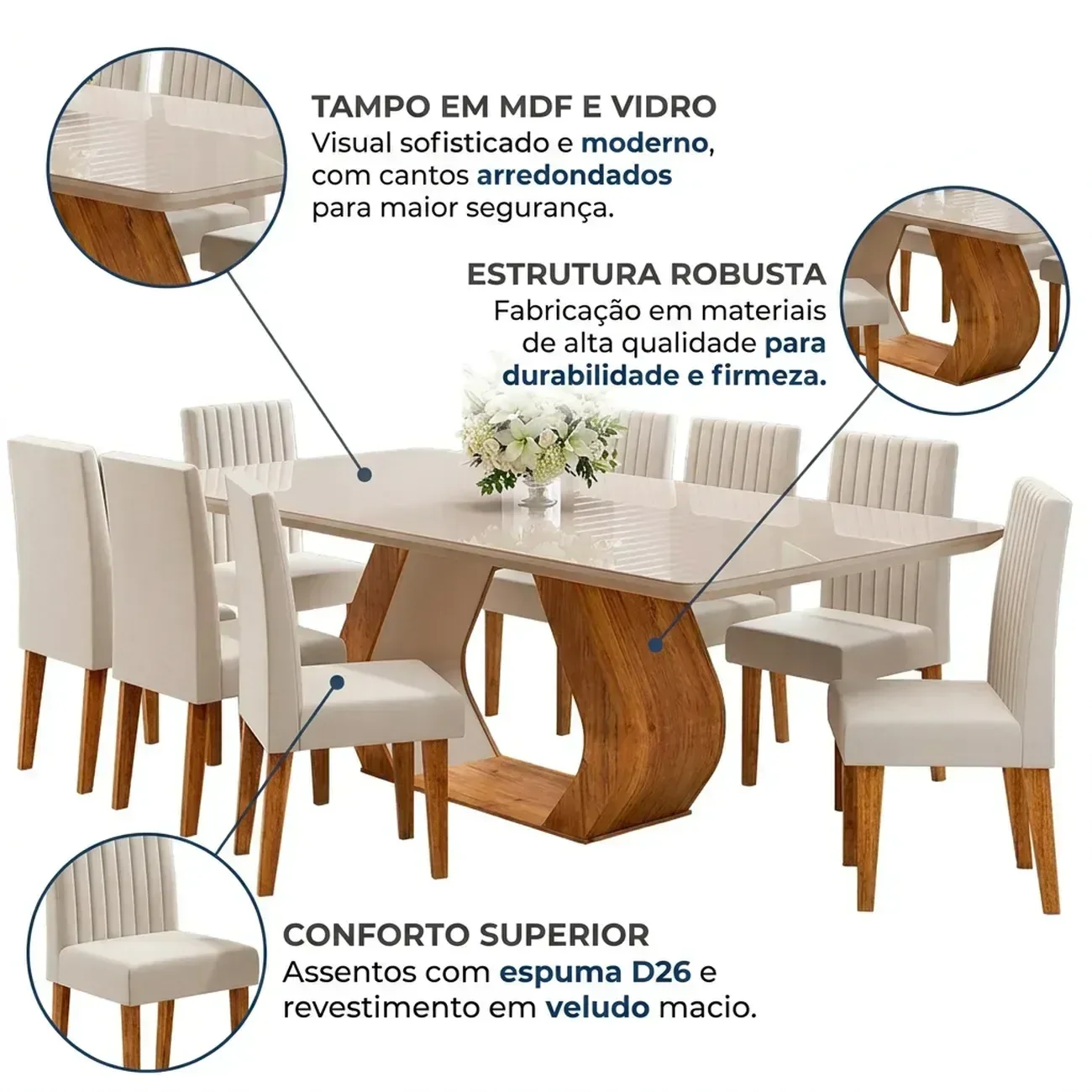 Ver imagem 6 de Conjunto de Sala de Jantar 8 Lugares Retangular Tampo em Vidro e MDF Renova Yescasa Bege/Mel/Off White