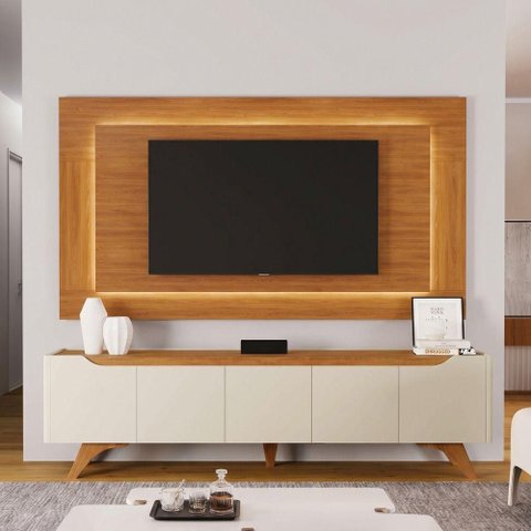 Conjunto Painel + Rack Atenas 220cm Naturalle Off White Mavaular Móveis