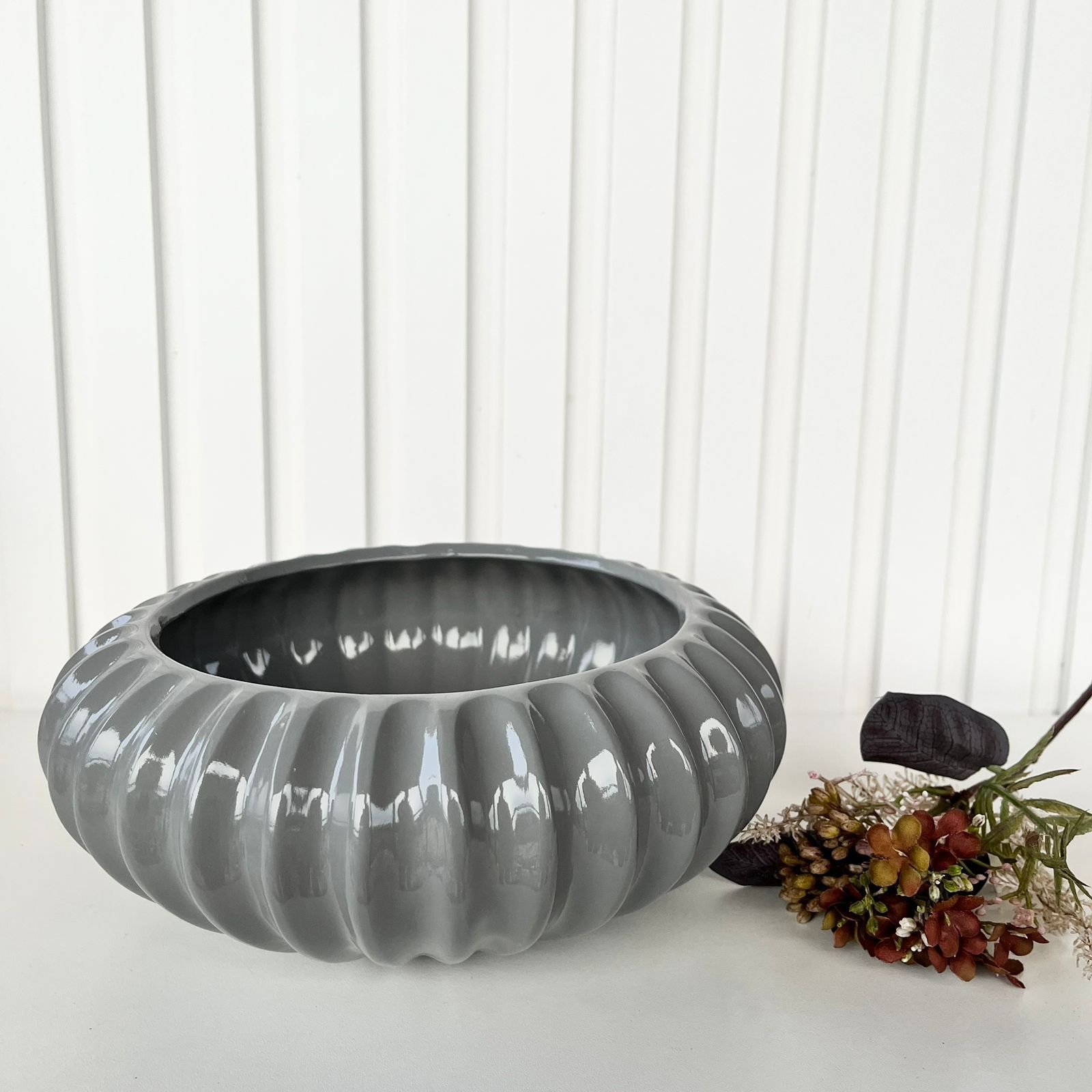 Vaso centro de mesa bacia ikebana cinza médio luxo cerâmica - 2