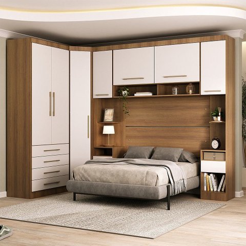Quarto Modulado Queen de Canto com Guarda-roupas Maleiro e Cabeceira Paris Master Luciane Móveis