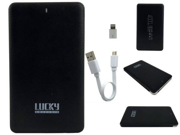Carregador Portátil Power Bank Lucky 4000mAh Modelo Slim Iphone Android USB:Preto - 1