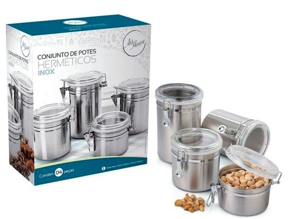 Conjunto De Potes Hermético Em Inox Tampa Acrílico Com Trava 4 Peças Art House - 1