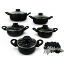 Ver imagem 1 de Conjunto de Caçarola 5 Peças para Sua Cozinha Antiaderente com Tampa de Vidro e Talheres Cor: Preto
